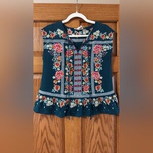 Savanna Jane Teal Floral Embroidered Blouse